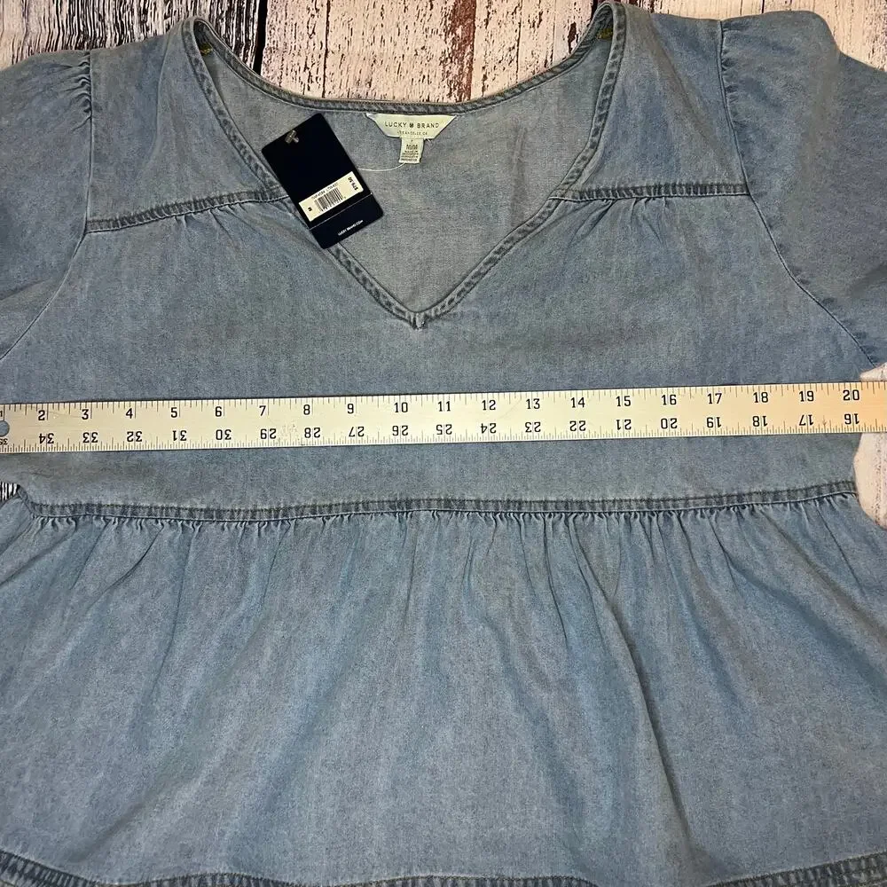 NWT, Lucky Brand Denim High Low Blouse, 3/4 Puff Sleeve, V Neck, Blue, Med - Picture 2 of 8